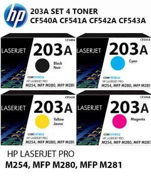 HP 203A SET 4 TONER CF540A CF541A CF542A CF543A  K 1500 pagine C M Y 1400 pagine  stampanti e multifunzione: HP Color LaserJet Pro MFP M280nw M281fdn fdw M254dw  M254nw